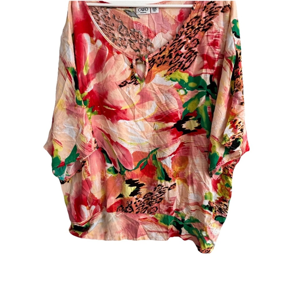 CATO Multicolor Short Sleeve Boho Tunic Top Womens 26/28‎ Elastic Bottom